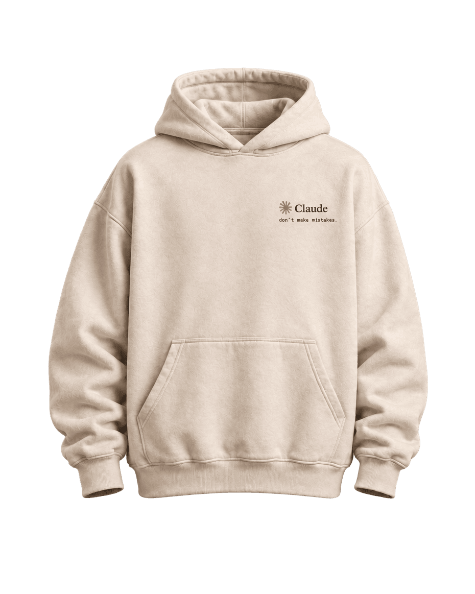Cream Claude hoodie, front view, with a small Claude chest logo and the line "don't make mistakes."