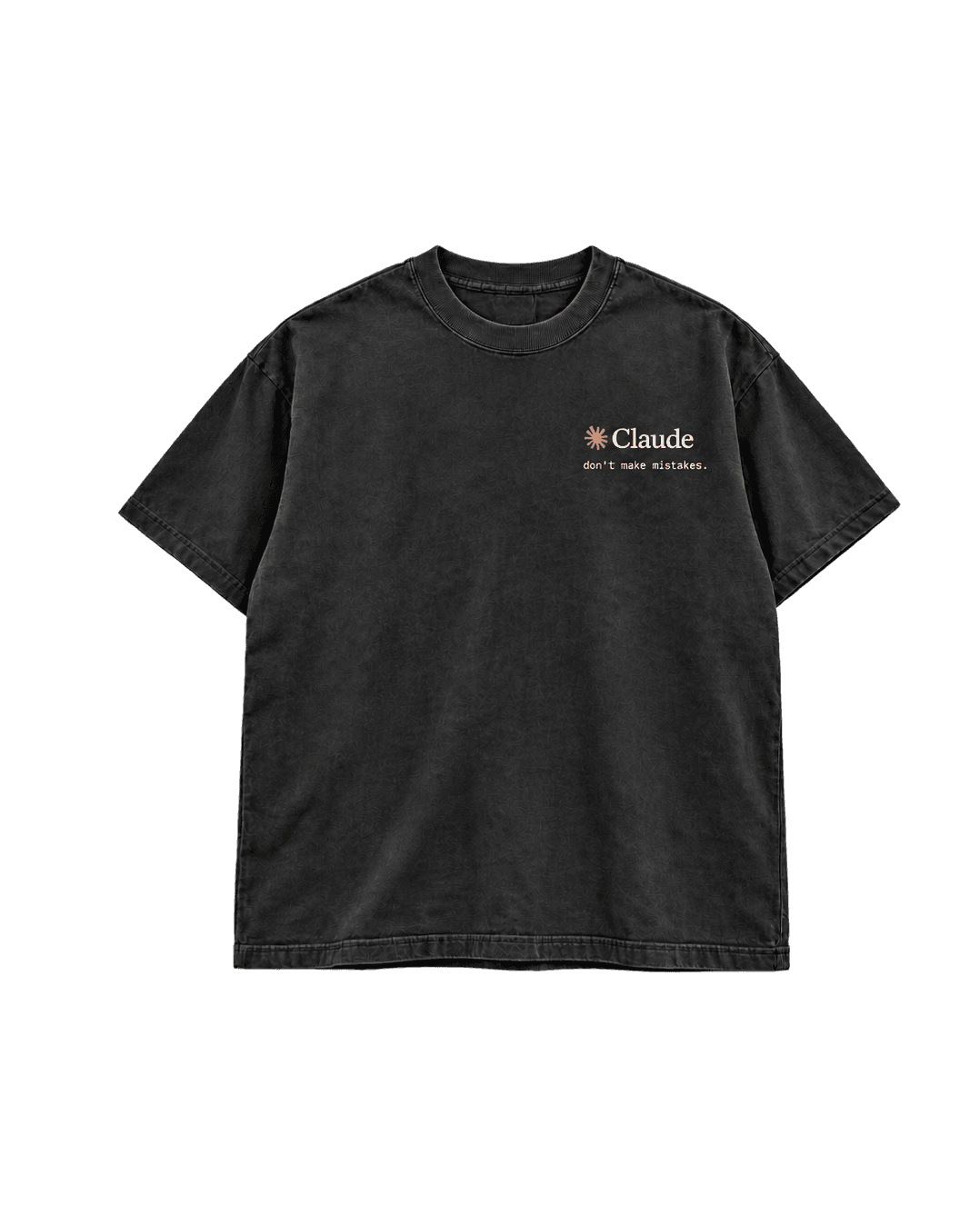 Washed-black Claude T-shirt, front view, with a small Claude chest logo and the line "don't make mistakes."